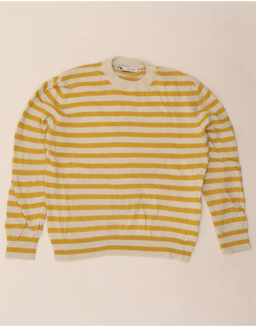 Zara Damen-Pullover mit Rundhalsausschnitt, UK 14, mittelgelb gestreift, Polyamid