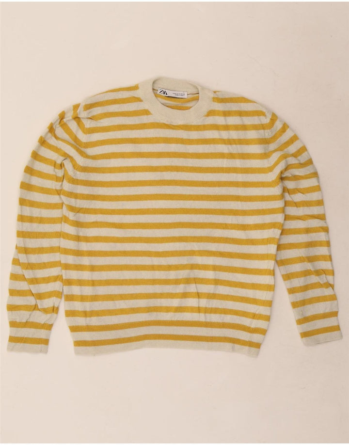 Zara Damen-Pullover mit Rundhalsausschnitt, UK 14, mittelgelb gestreift, Polyamid