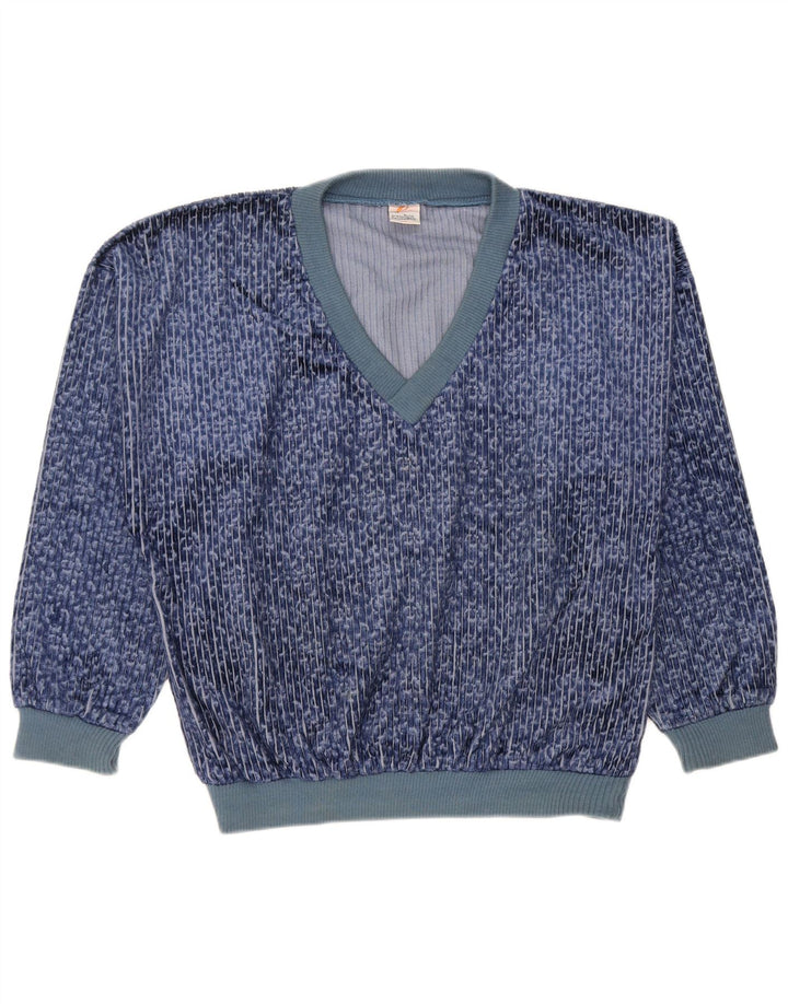 Vintage Herren Velours Sweatshirt Pullover Mittelblau Nadelstreifen Polyester