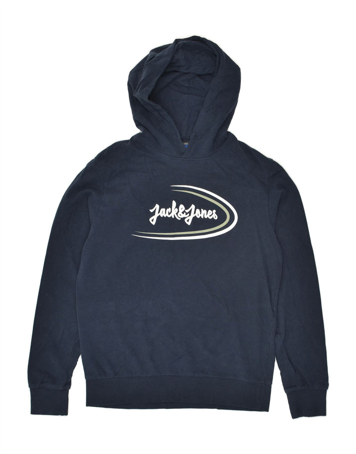 JACK & JONES Mens Graphic Hoodie Jumper Medium Navy Blue Cotton | Vintage Jack & Jones | Thrift | Second-Hand Jack & Jones | Used Clothing | Messina Hembry 