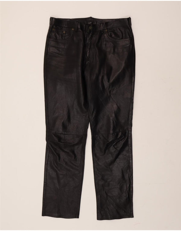 VINTAGE Herren gerade Lederhose IT 54 2XL W42 L30 Schwarzes Leder