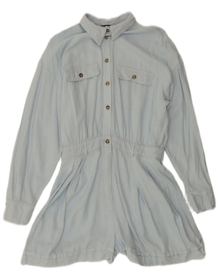 ZARA Damen Langarm-Playsuit UK 10 Small Blaues Leinen