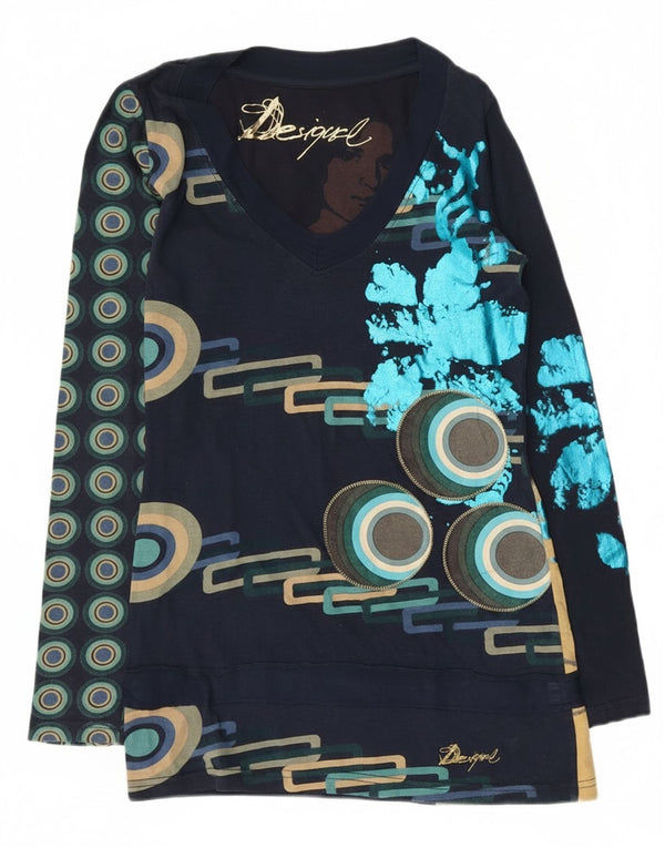 Desigual Damen Graphic Top Langarm UK 10 Small Marineblau