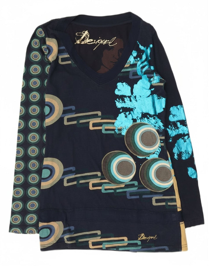 Desigual Damen Graphic Top Langarm UK 10 Small Marineblau