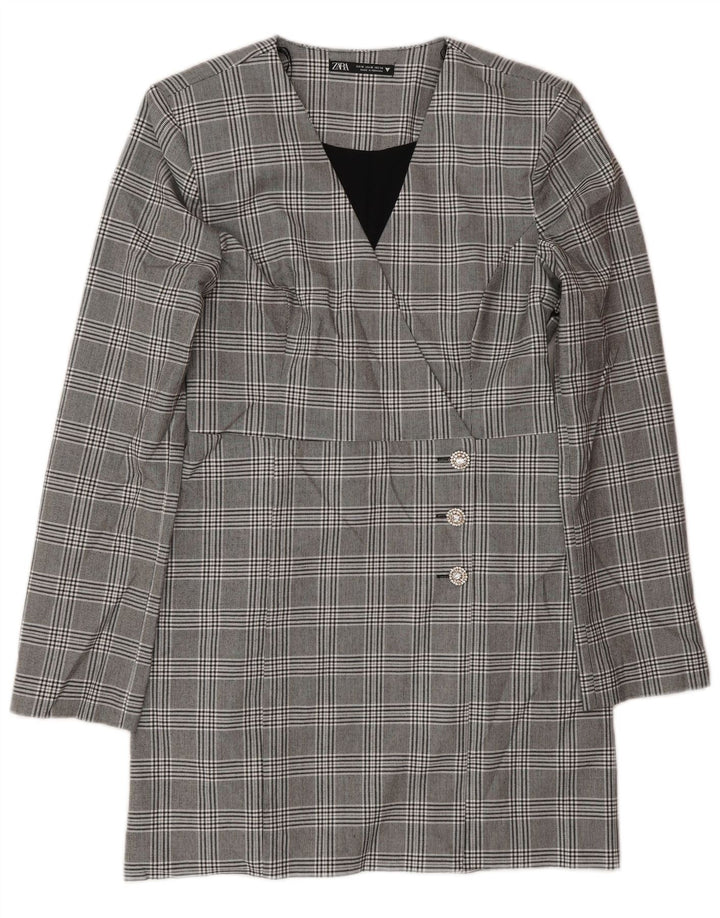 Zara Damen Langarm-Etuikleid UK 12 Mittelgrau kariertes Polyester