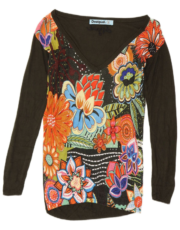 Desigual Damen Longline V-Ausschnitt Pullover Pullover UK 10 Small Green Floral