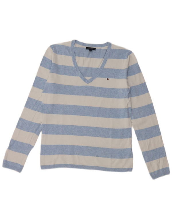 Tommy Hilfiger Damen-Pullover mit V-Ausschnitt, Gr. 10, Größe S, blau, gestreift, Baumwolle