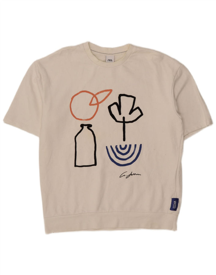 Zara Herren Grafik-Kurzarm-Sweatshirt-Pullover, groß, weiße Baumwolle