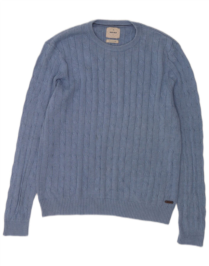 WHITE STUFF Herren-Pullover mit Rundhalsausschnitt, Größe L, aus blauer Baumwolle