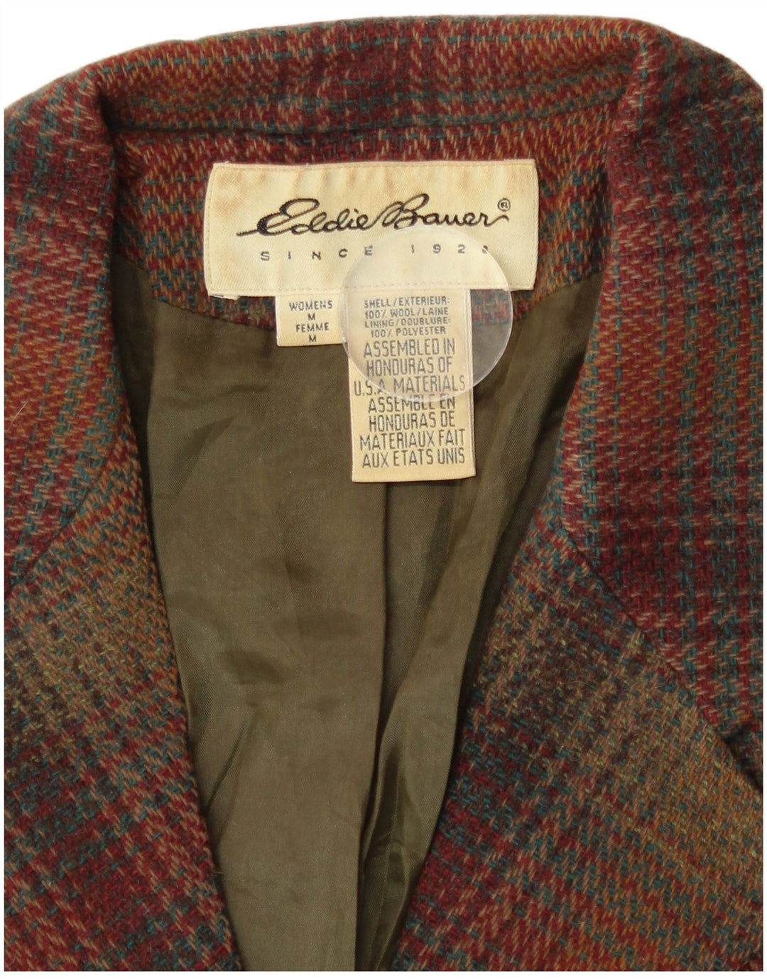 Eddie Bauer Damen 3-Knopf-Blazerjacke UK 14 Mittelbraun karierte Wolle