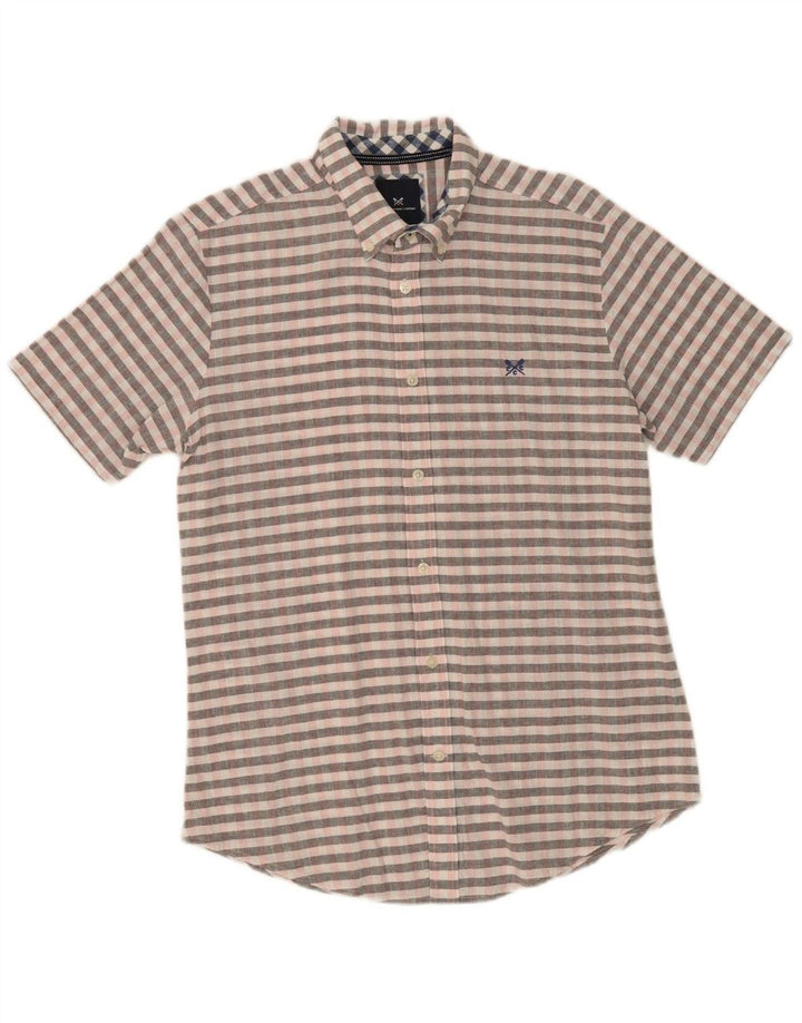 CREW CLOTHING Mens Short Sleeve Shirt Medium Grey Check Linen