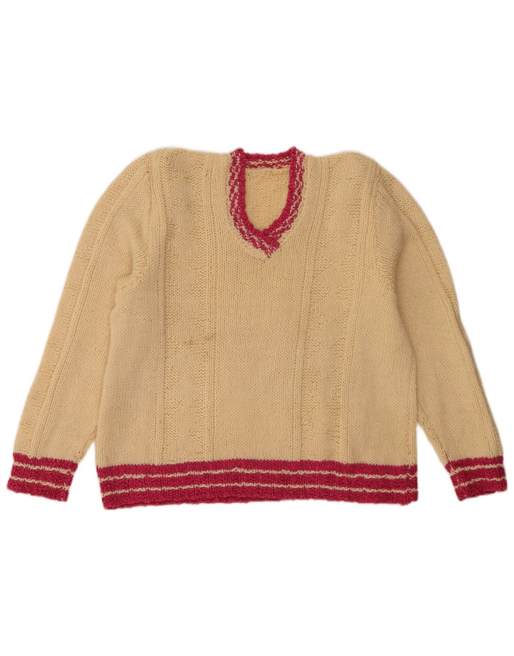 Vintage Damen V-Ausschnitt Pullover Pullover UK 12 Medium Beige gestreift