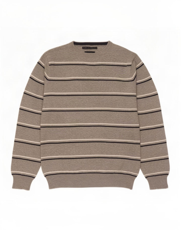 Gant Herren-Pullover mit Rundhalsausschnitt, mittelgrau, gestreift, Baumwolle