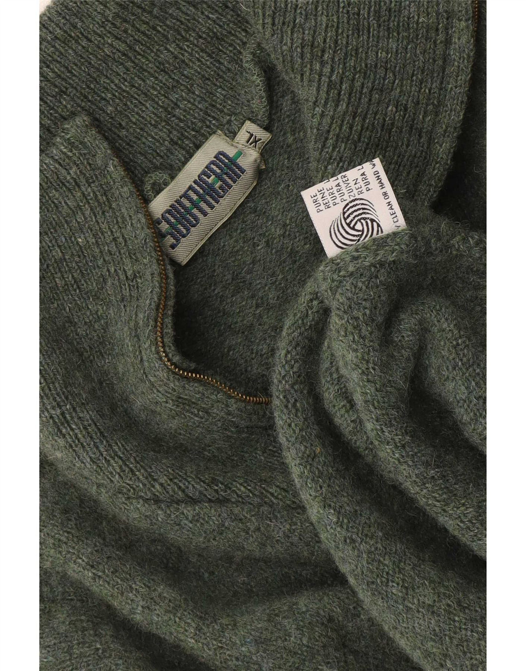 Vintage Herren-Pullover mit Reißverschluss, XL, Khaki, Schurwolle