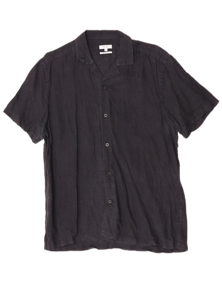 Reiss Herren-Hemd, kurzärmelig, normale Passform, groß, marineblaues Leinen