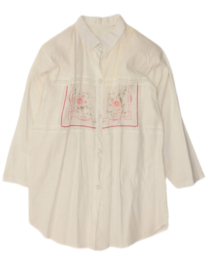 VINTAGE Damen 3/4-Ärmel-Hemdbluse UK 14 Mittelweiß geblümt