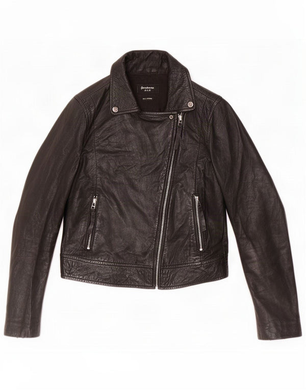 Stradivarius Womens Crop Leather Biker Jacket UK 12 Medium Black