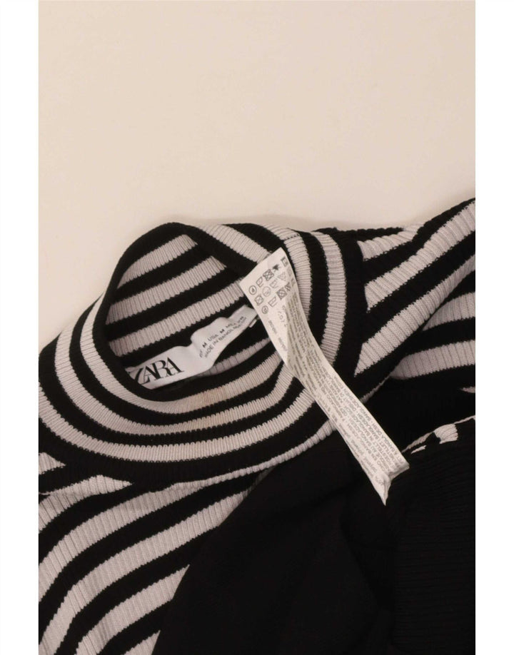 Zara Damen Crop Top Langarm UK 12 Medium Schwarz Gestreifte Viskose