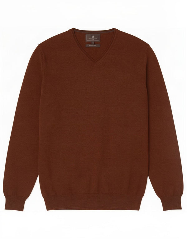Marks & Spencer Herren-Slim-Fit-Pullover mit V-Ausschnitt, große braune Merinowolle