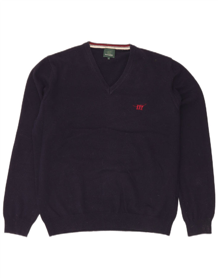 Henry Cottons Herren-Pullover mit V-Ausschnitt, groß, marineblau, Schurwolle