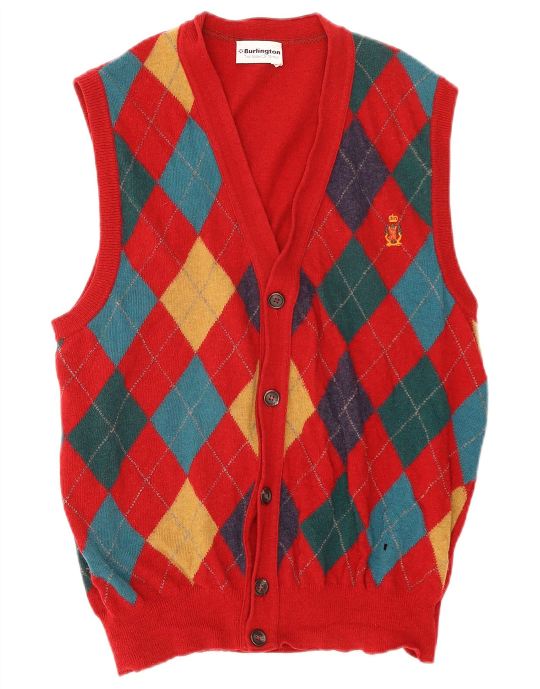 Burlington Herren ärmelloser Cardigan Pullover IT 50 Large Red Argyle/Diamant