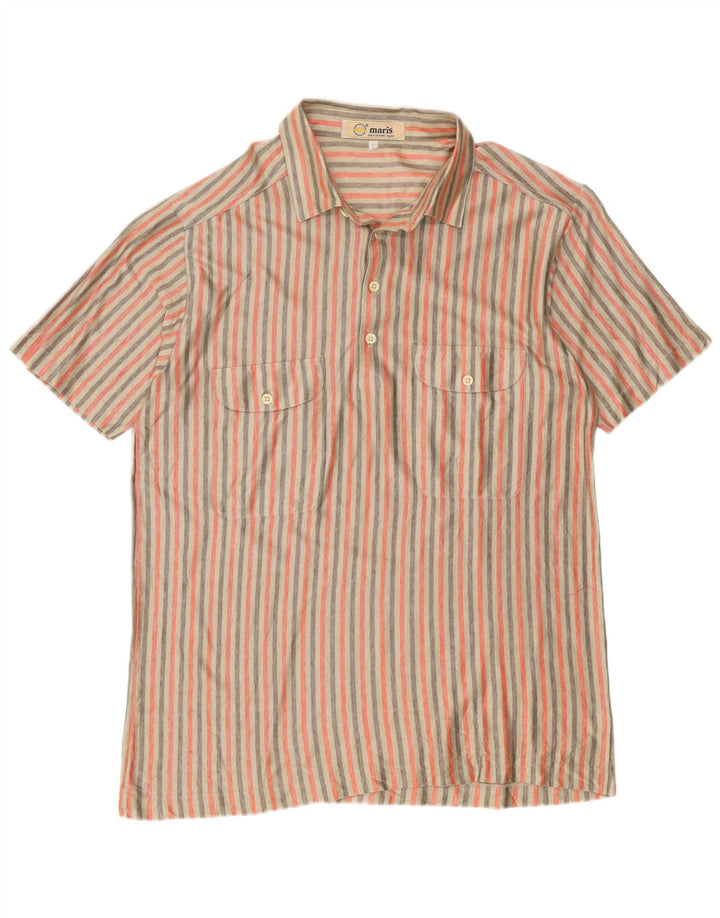 Vintage Herren Kurzarm-Pullover-Hemd, groß, beige gestreift, Baumwolle