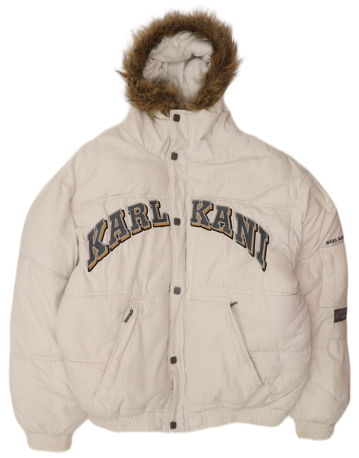 KARL KANI Wattierte Herrenjacke mit grafischer Kapuze, UK 44 2XL, weißes Polyester