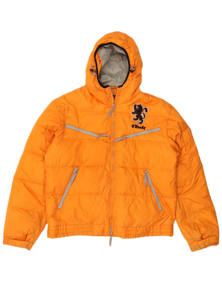 Wattierte Vintage-Herrenjacke mit grafischer Kapuze, UK 42, XL, Orange, Polyester