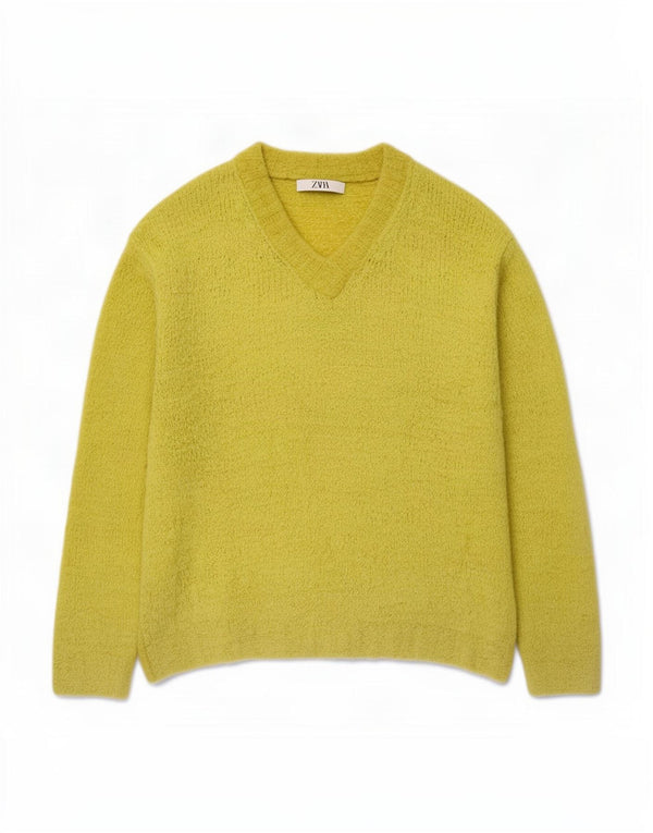 Zara Damen-Pullover mit V-Ausschnitt, UK 16, Größe L, grüne Baumwolle