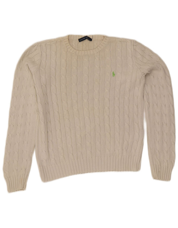 Ralph Lauren Damen-Pullover mit Rundhalsausschnitt, UK 12, mittelweiße Baumwolle