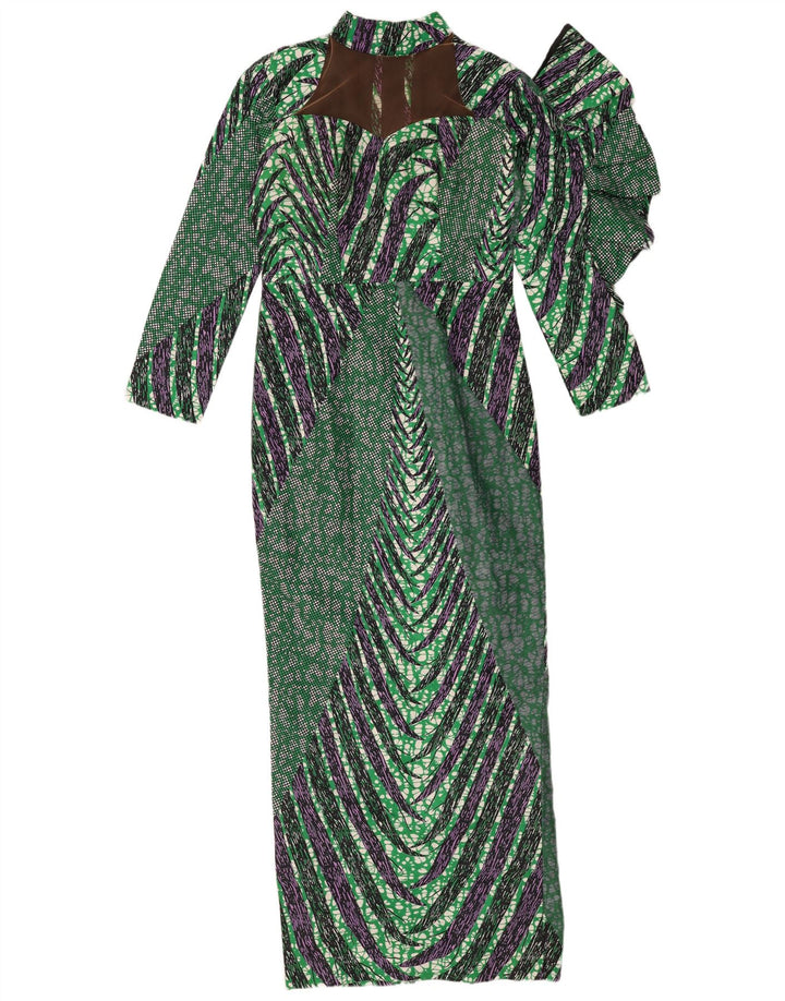 Vintage Damen Maxi-Etuikleid mit abstraktem Muster UK 12 Mittelgrün