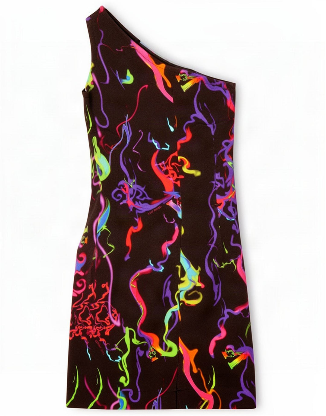 Vintage Womens Abstract Pattern One Shoulder Dress UK 8 Small Black