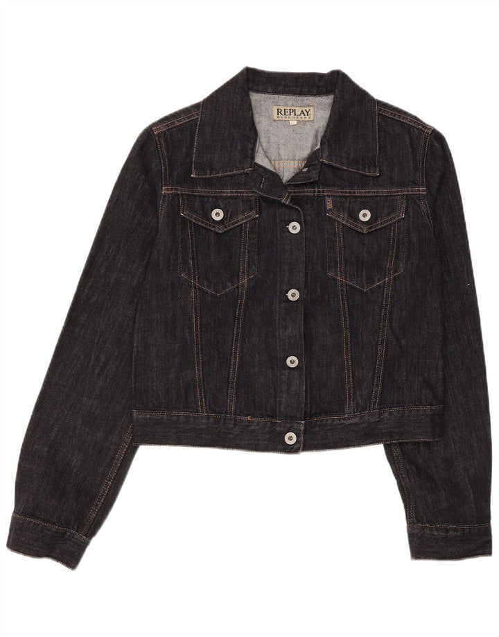 Replay Damen Crop Denim Jacke UK 14 Große schwarze Baumwolle