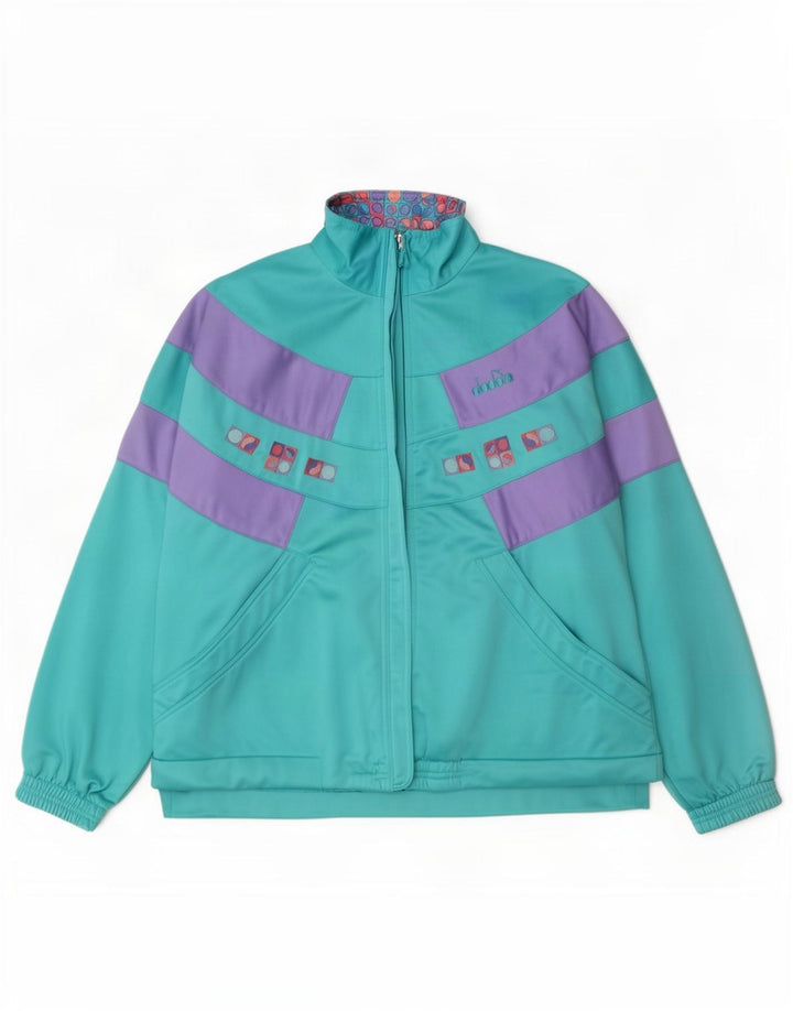 Diadora Damen-Trainingsanzug-Top-Jacke IT 46 Large Türkis Farbblock