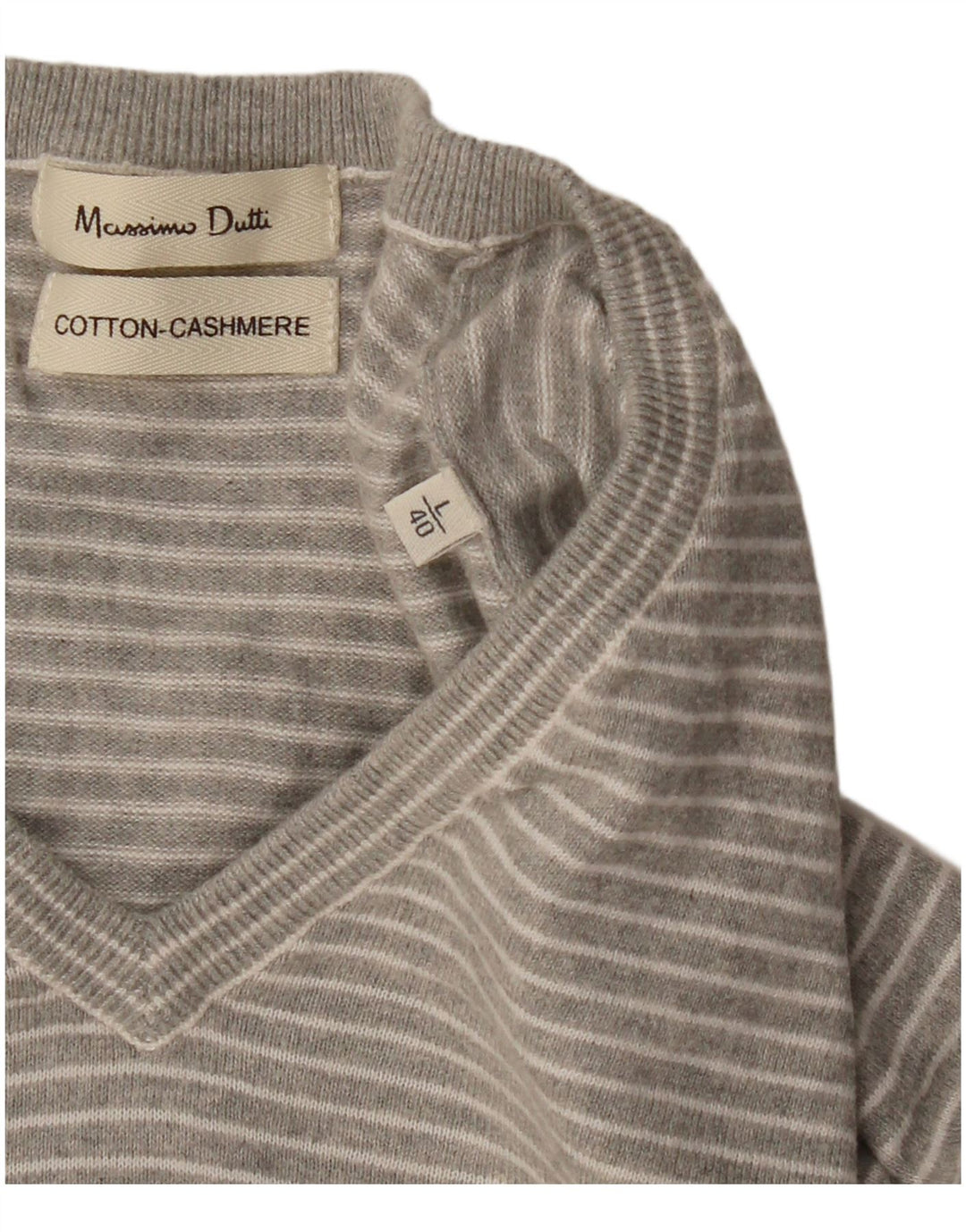MASSIMO DUTTI Herren-Pullover mit V-Ausschnitt, groß, grau gestreift, Baumwolle