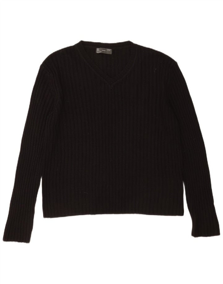 Zara Herren-Pullover mit V-Ausschnitt, groß, aus schwarzem Acryl