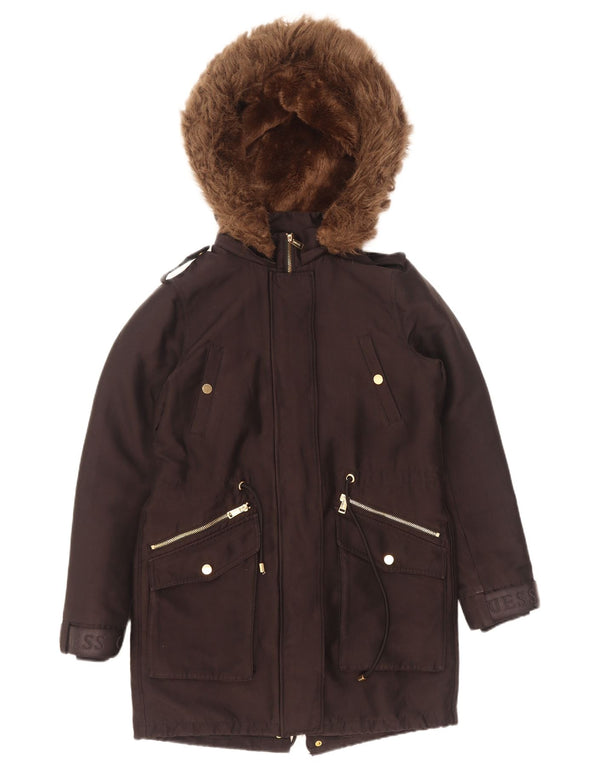 Guess Damen-Parka mit grafischer Kapuze, UK 6, XS, Schwarz, Polyester