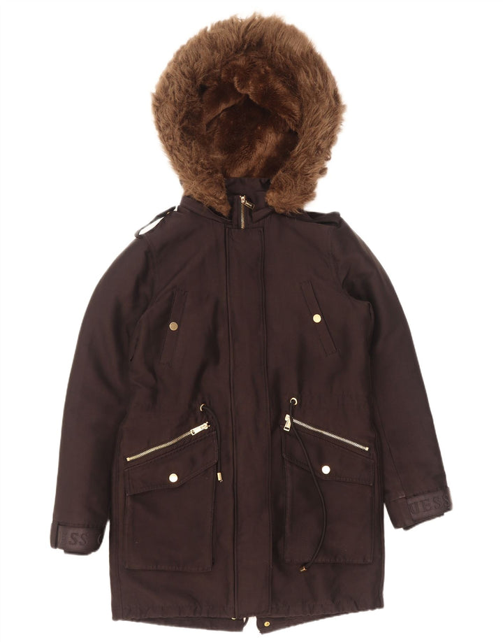 Guess Damen-Parka mit grafischer Kapuze, UK 6, XS, Schwarz, Polyester