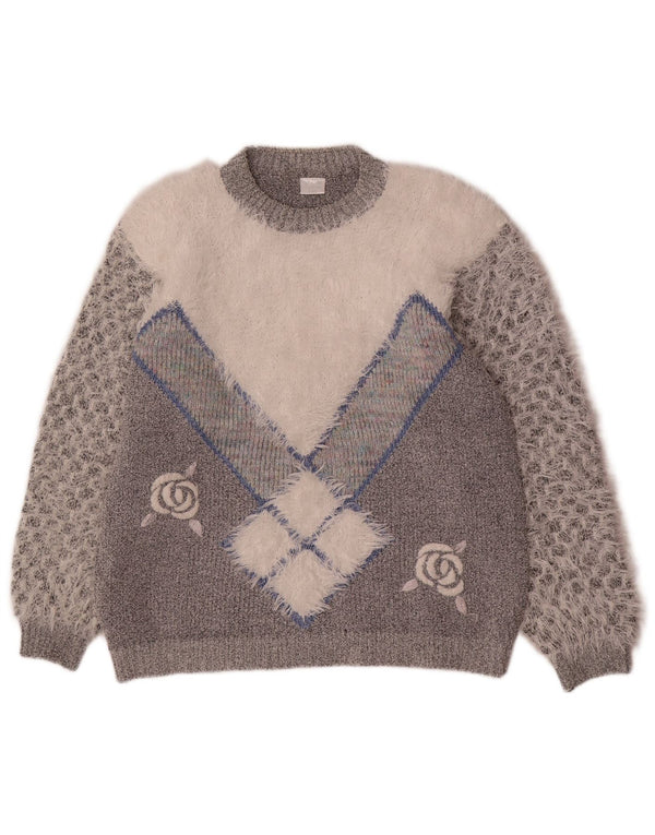Vintage Damen Pullover mit Rundhalsausschnitt, UK 20 2XL, graues Farbblock-Acryl
