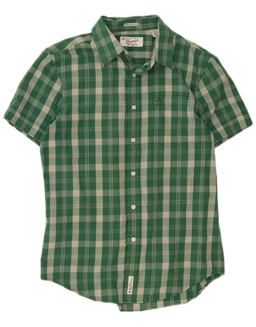 Penguin Herren Heritage Kurzarm-Slim-Fit-Hemd aus mittelgrün karierter Baumwolle