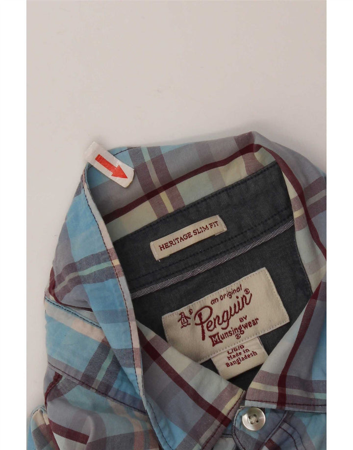 Penguin Herren Heritage Slim Fit Hemd, groß, blau kariert, Baumwolle