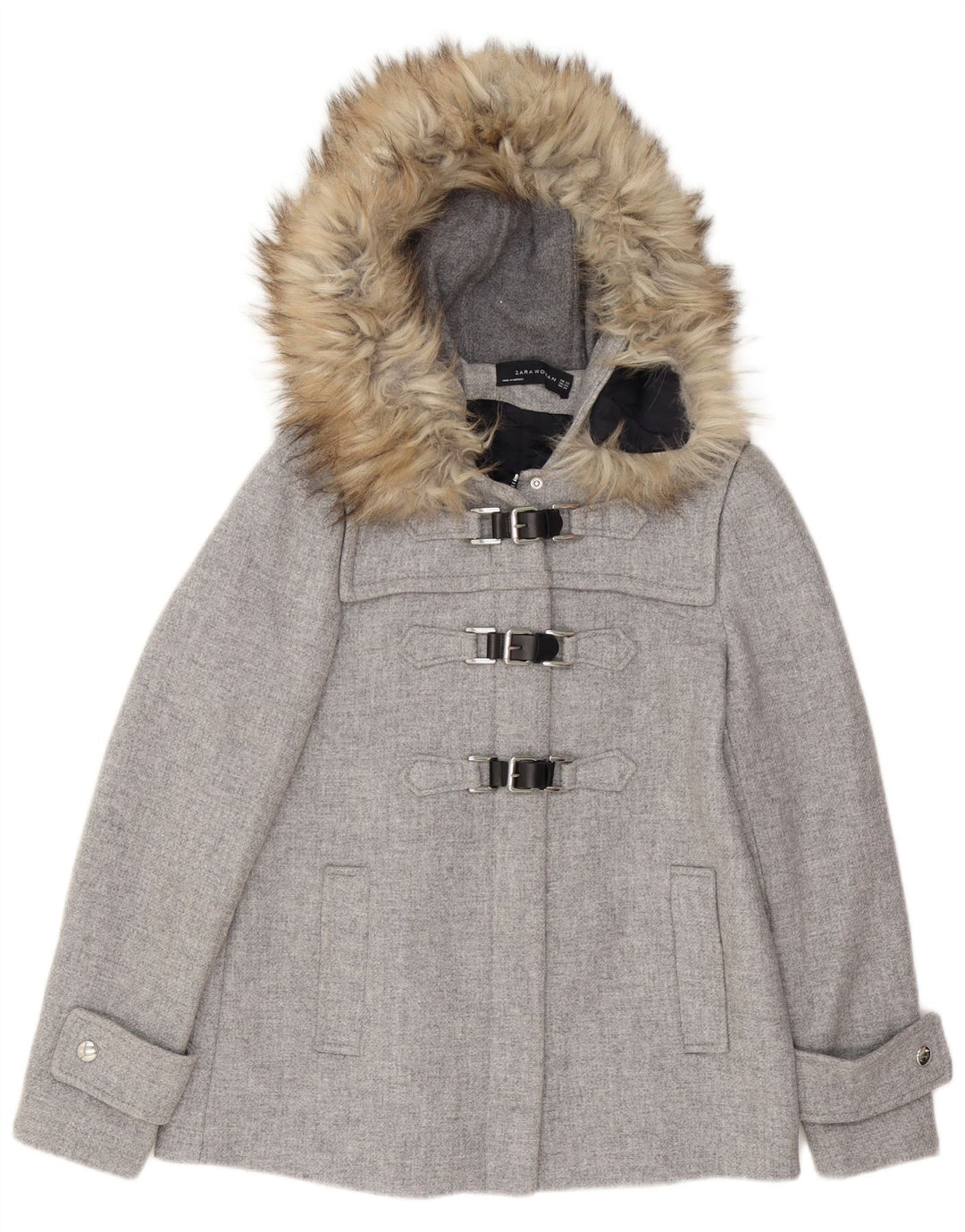 Übergroße Duffle-Jacke mit Kapuze von Zara für Damen, UK 6, XS, graue Wolle