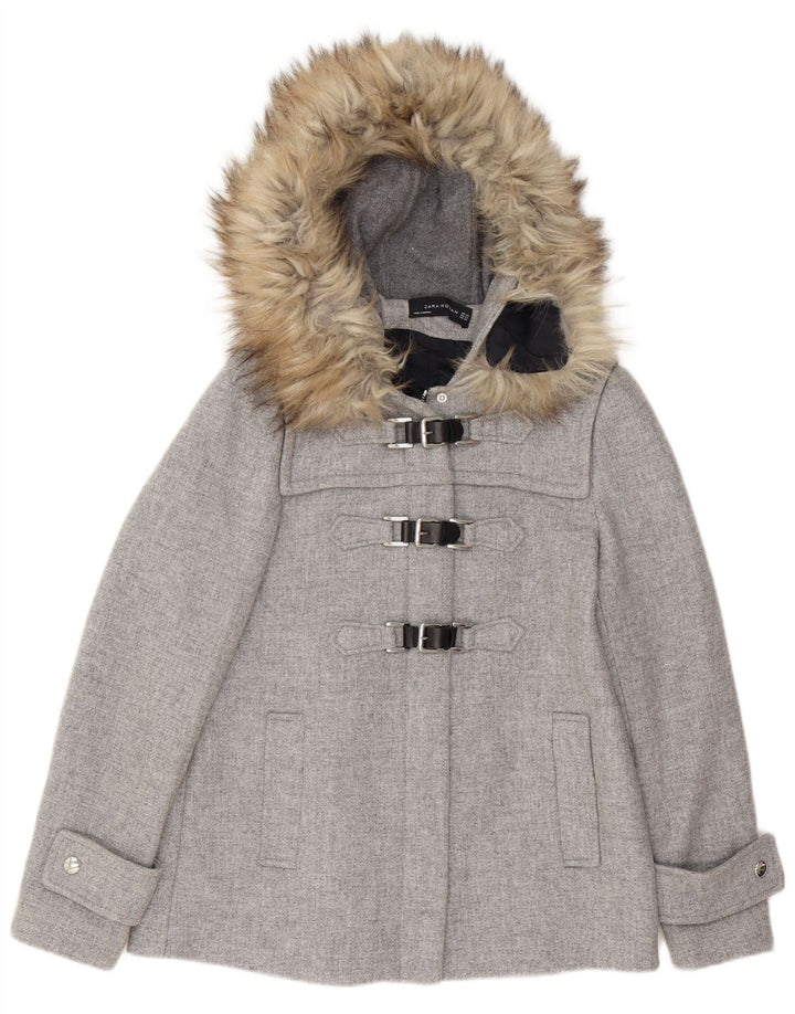 Übergroße Duffle-Jacke mit Kapuze von Zara für Damen, UK 6, XS, graue Wolle
