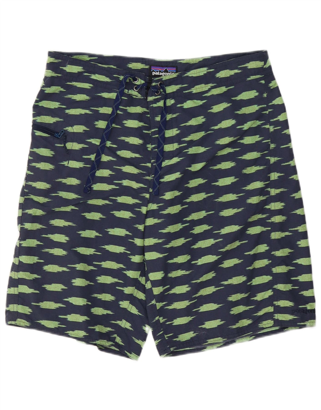 Patagonia Herren-Badeshorts mit abstraktem Muster, groß, marineblaues Polyester