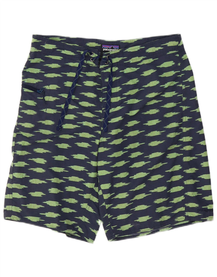 Patagonia Herren-Badeshorts mit abstraktem Muster, groß, marineblaues Polyester