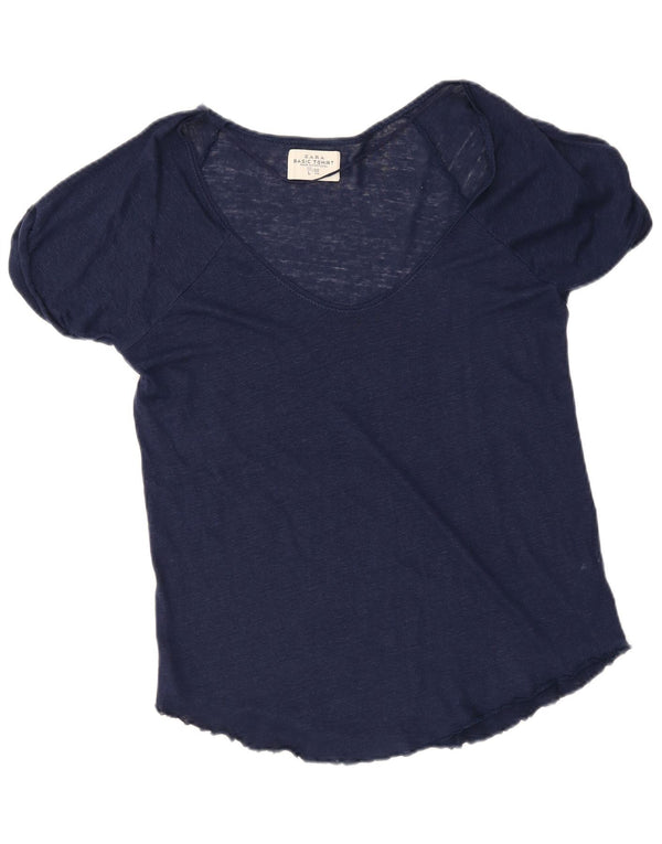 Zara Damen T-Shirt Top UK 16 Large Marineblaues Leinen
