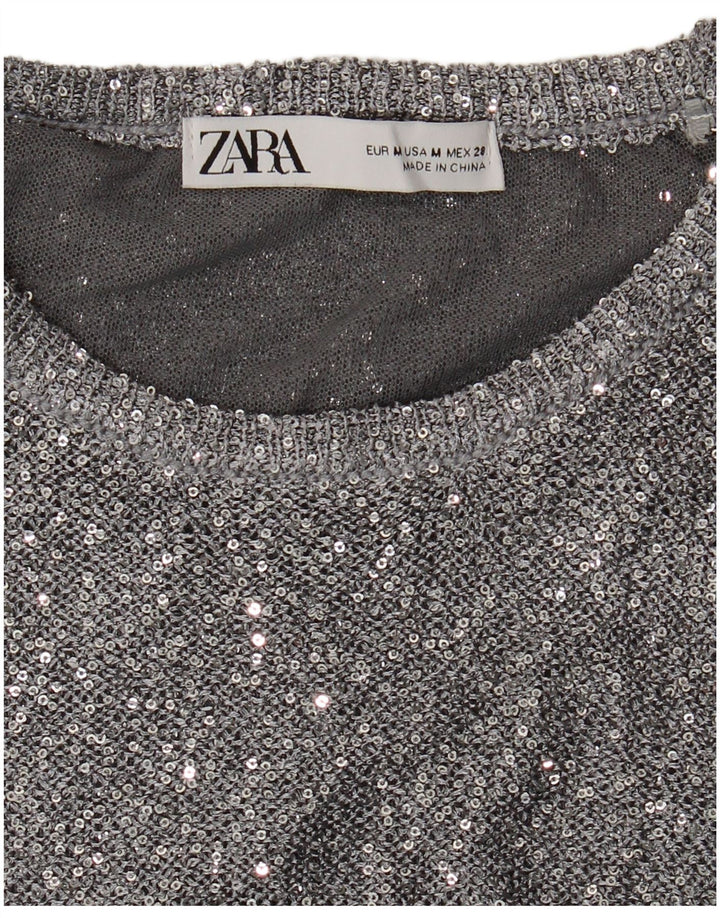 Zara Damen-Pullover mit Rundhalsausschnitt, UK 12, Mittelsilber meliert
