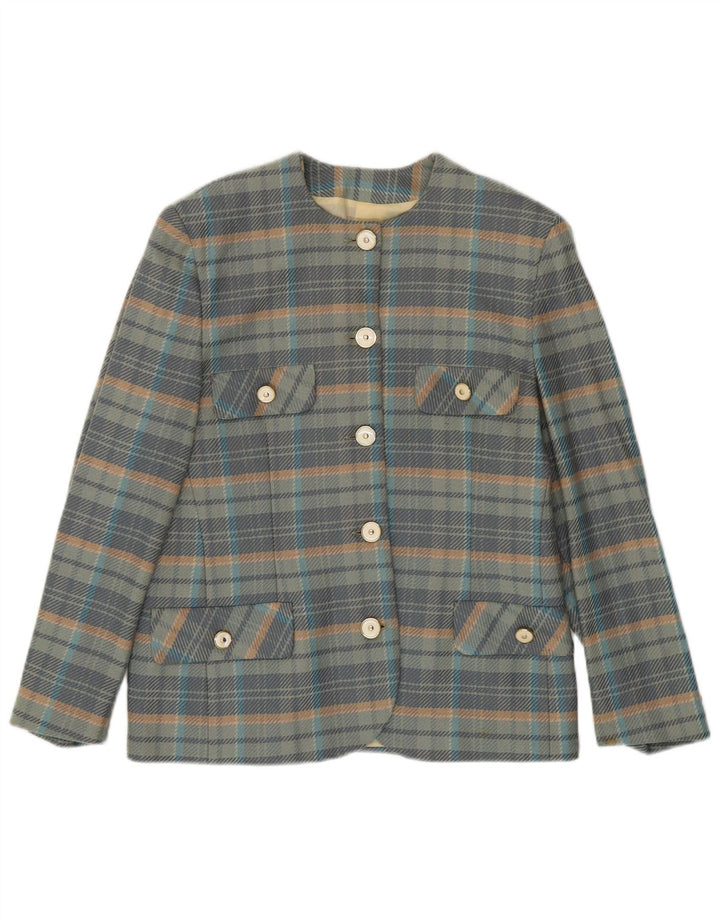 Vintage Damen 5-Knopf-Blazer-Jacke IT 44 mittelblau karierte Wolle