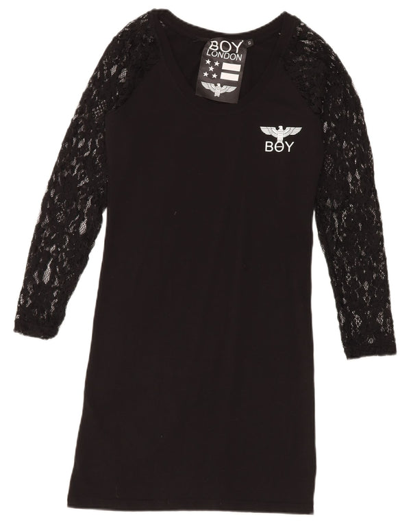 Boy London Damen Langarm-T-Shirt-Kleid mit Spitze, Gr. 6, XS, Schwarz mit Blumenmuster