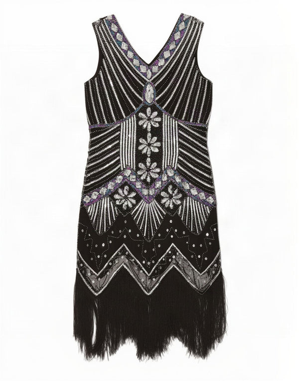 Vintage Damen Ärmelloses Pailletten Charleston Kleid UK 18 XL Schwarz Geometrisch
